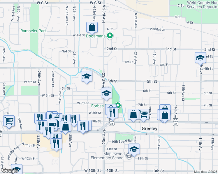 map of restaurants, bars, coffee shops, grocery stores, and more near 516 23rd Avenue in Greeley