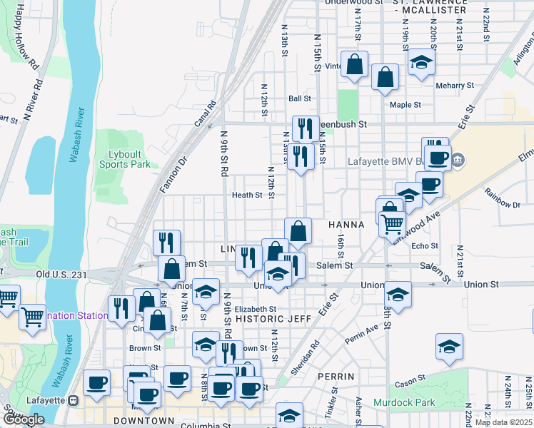 map of restaurants, bars, coffee shops, grocery stores, and more near 1030 Hartford Street in Lafayette