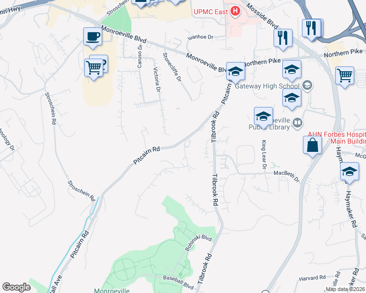map of restaurants, bars, coffee shops, grocery stores, and more near 112 Wallace Drive in Monroeville