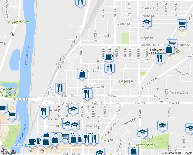 map of restaurants, bars, coffee shops, grocery stores, and more near 1030 Hartford Street in Lafayette