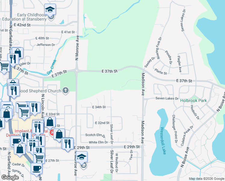 map of restaurants, bars, coffee shops, grocery stores, and more near 3590 Silver Leaf Drive in Loveland