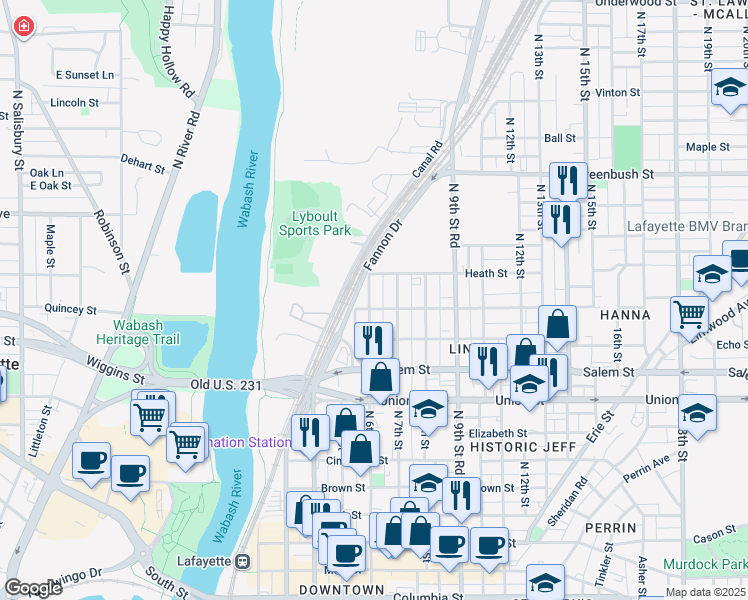 map of restaurants, bars, coffee shops, grocery stores, and more near 1107 North 6th Street in Lafayette