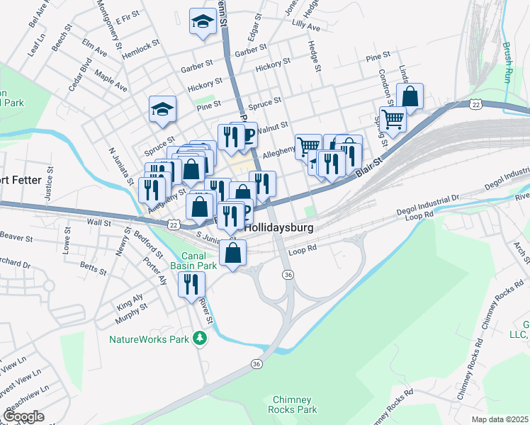 map of restaurants, bars, coffee shops, grocery stores, and more near 500-514 Blair St in Hollidaysburg