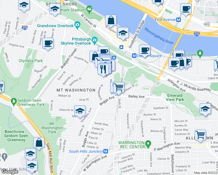 map of restaurants, bars, coffee shops, grocery stores, and more near 80 Wyoming St in Pittsburgh