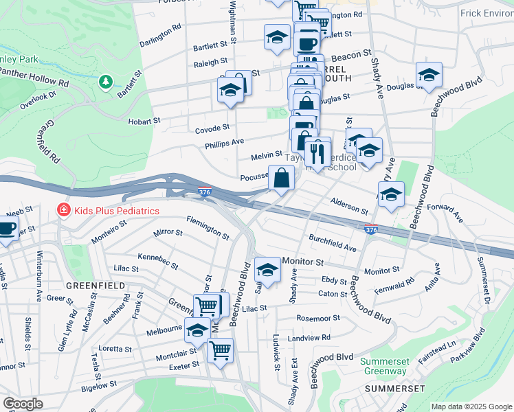 map of restaurants, bars, coffee shops, grocery stores, and more near 5636 Forward Avenue in Pittsburgh