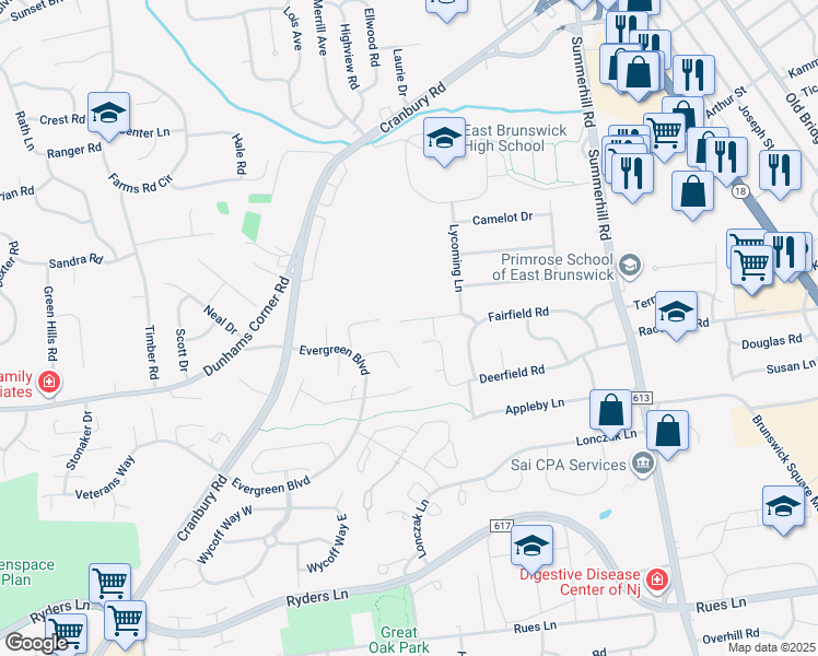 map of restaurants, bars, coffee shops, grocery stores, and more near 18 Coleman Road in East Brunswick