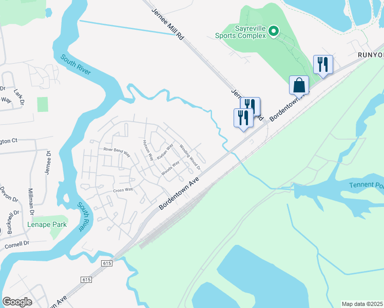 map of restaurants, bars, coffee shops, grocery stores, and more near 40 Winding Wood Drive in Sayreville
