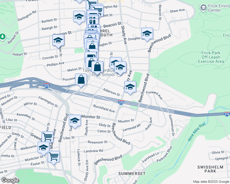map of restaurants, bars, coffee shops, grocery stores, and more near 6355 Alderson Street in Pittsburgh