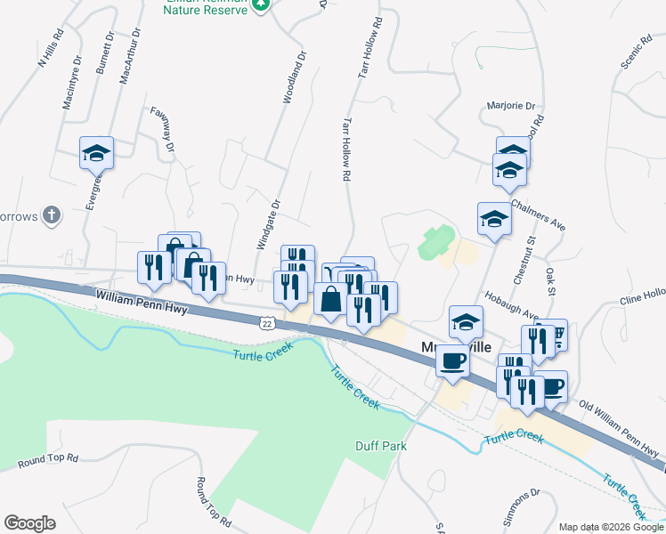 map of restaurants, bars, coffee shops, grocery stores, and more near 3210 Tarr Hollow Road in Murrysville