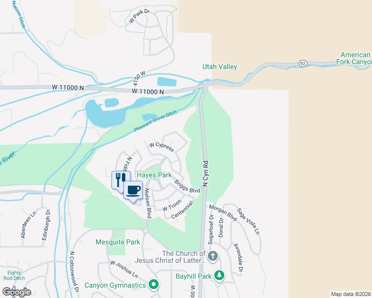 map of restaurants, bars, coffee shops, grocery stores, and more near 10808 North La Costa in Pleasant Grove