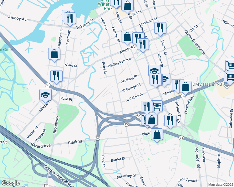 map of restaurants, bars, coffee shops, grocery stores, and more near 268 Beers Street in Keyport