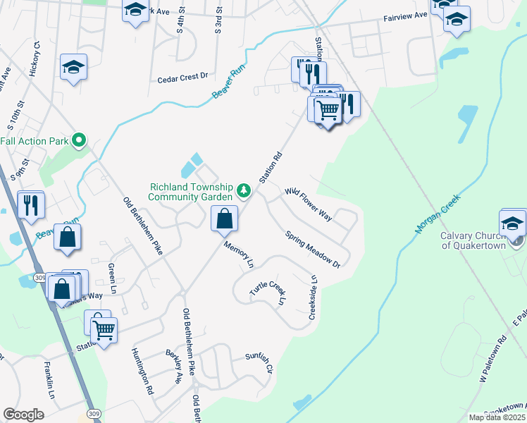 map of restaurants, bars, coffee shops, grocery stores, and more near 1000 Spring Meadow Drive in Quakertown