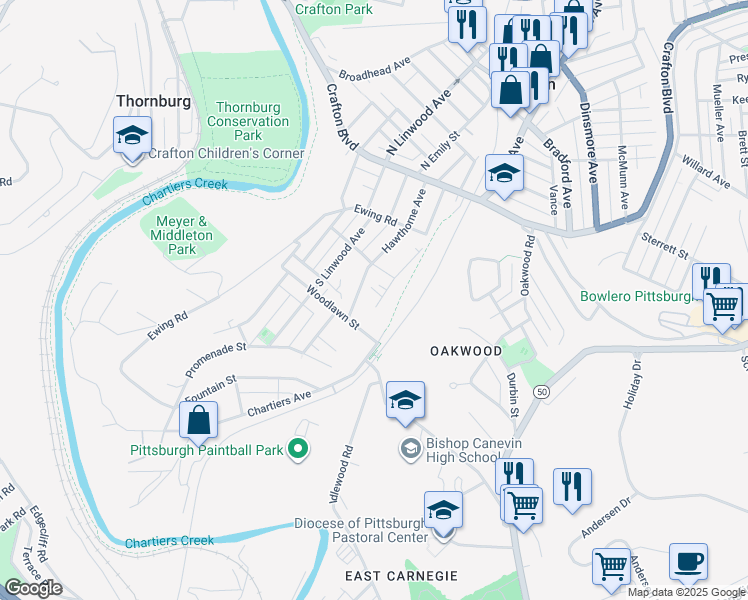 map of restaurants, bars, coffee shops, grocery stores, and more near 94 Kingston Ave in Pittsburgh