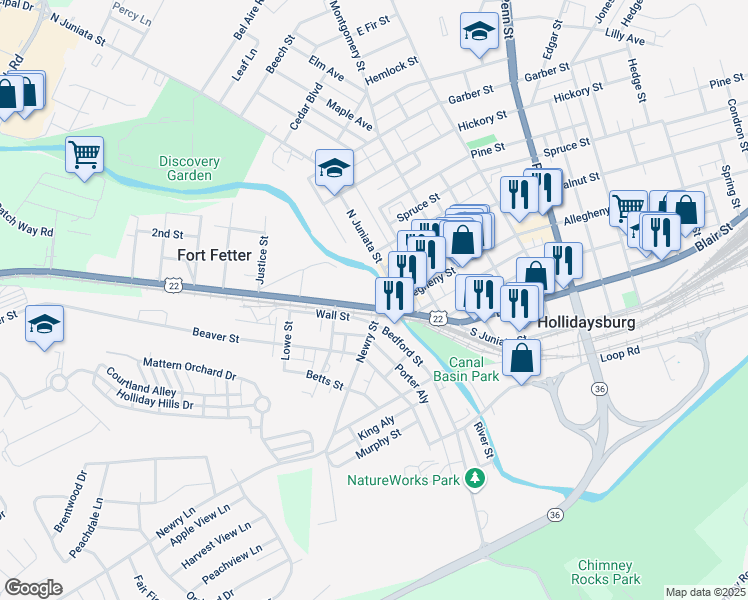 map of restaurants, bars, coffee shops, grocery stores, and more near 101 Broad Street in Hollidaysburg