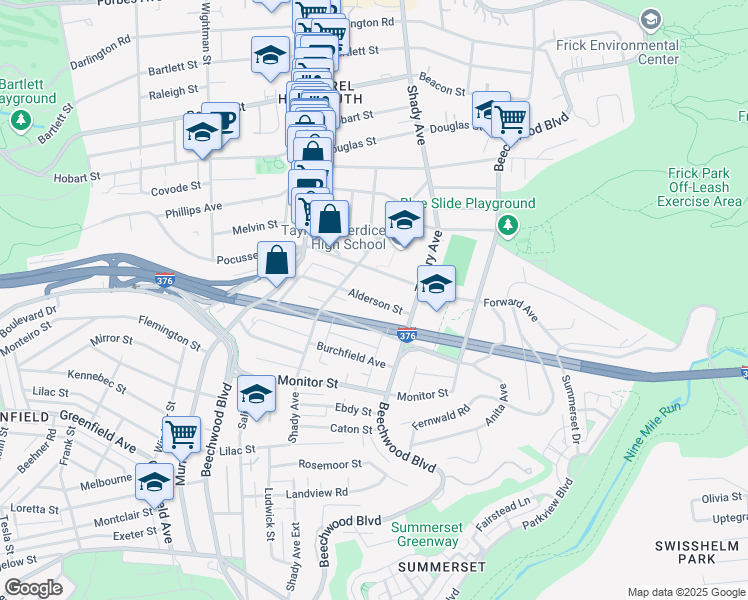 map of restaurants, bars, coffee shops, grocery stores, and more near 6355 Alderson Street in Pittsburgh