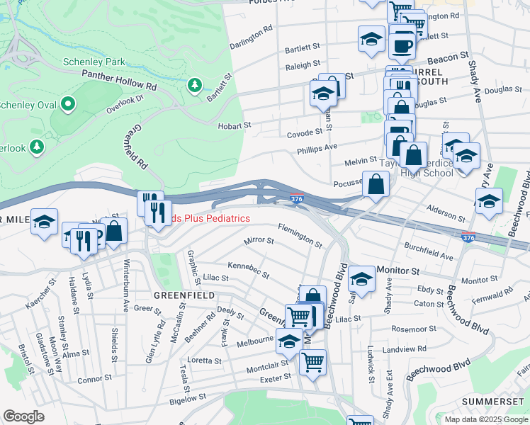 map of restaurants, bars, coffee shops, grocery stores, and more near 3857 Beechwood Boulevard in Pittsburgh