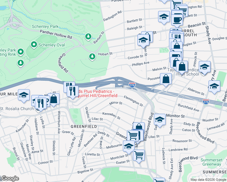 map of restaurants, bars, coffee shops, grocery stores, and more near 3857 Beechwood Boulevard in Pittsburgh