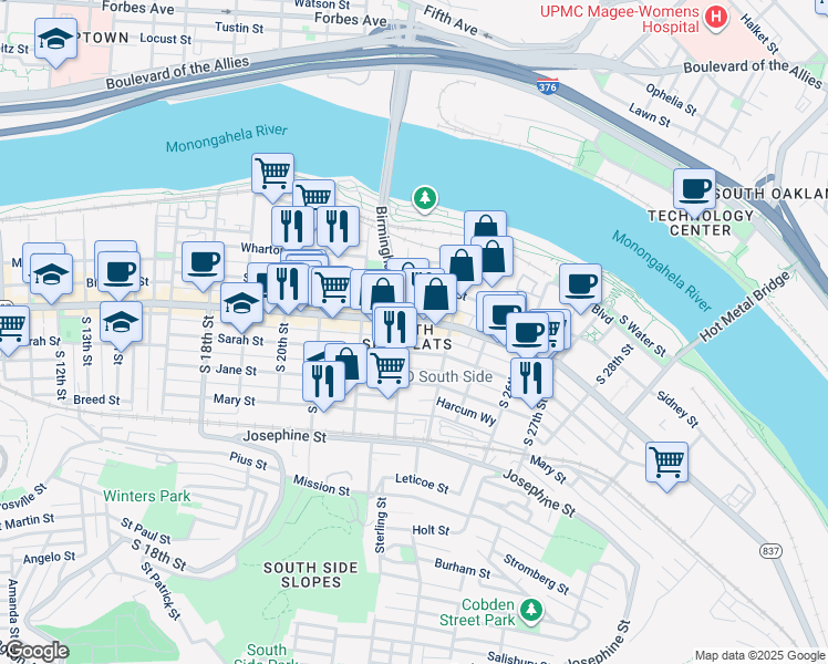 map of restaurants, bars, coffee shops, grocery stores, and more near 2308 East Carson Street in Pittsburgh