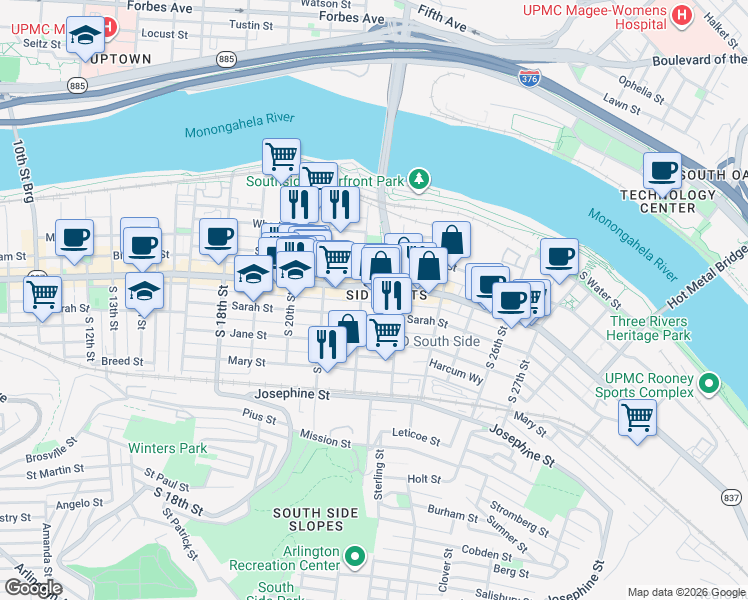 map of restaurants, bars, coffee shops, grocery stores, and more near in Pittsburgh