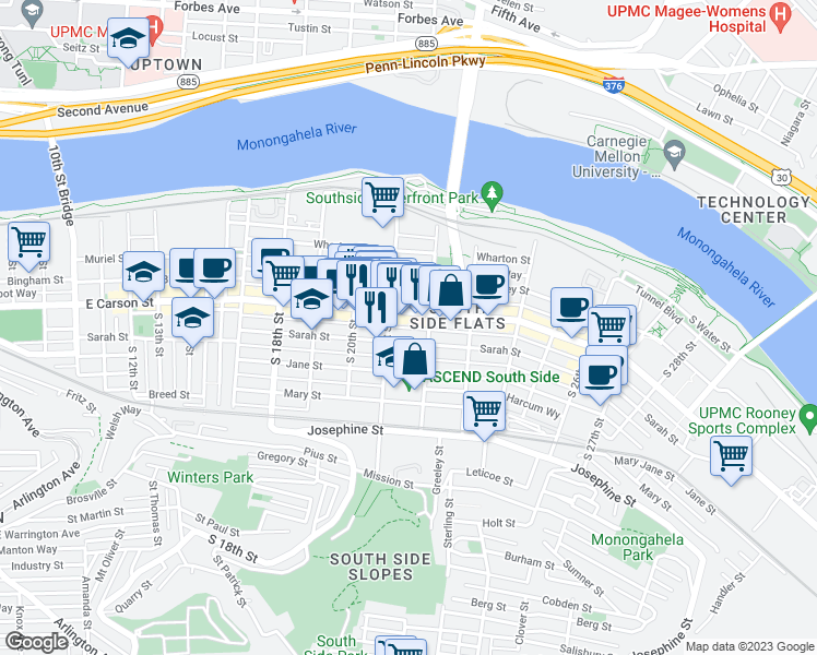 map of restaurants, bars, coffee shops, grocery stores, and more near 2135 Carey Way in Pittsburgh
