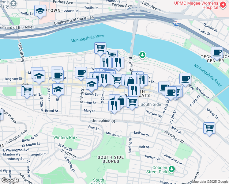 map of restaurants, bars, coffee shops, grocery stores, and more near 2135 Carey Way in Pittsburgh