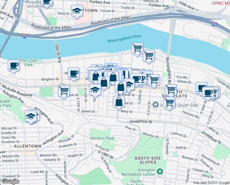 map of restaurants, bars, coffee shops, grocery stores, and more near 1715 Sarah Street in Pittsburgh