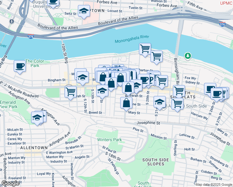 map of restaurants, bars, coffee shops, grocery stores, and more near 1715 Sarah Street in Pittsburgh