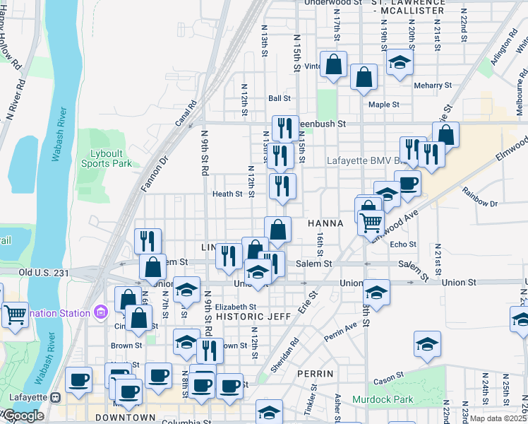 map of restaurants, bars, coffee shops, grocery stores, and more near 1216 Hartford Street in Lafayette