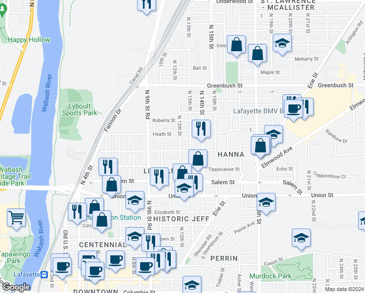 map of restaurants, bars, coffee shops, grocery stores, and more near 1030 Hartford Street in Lafayette
