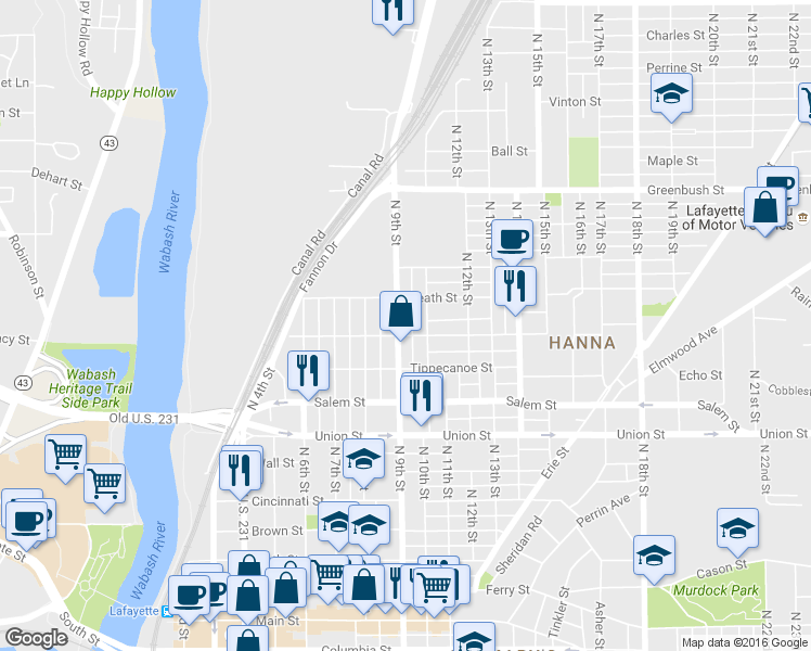 map of restaurants, bars, coffee shops, grocery stores, and more near 1108 North 10th Street in Lafayette