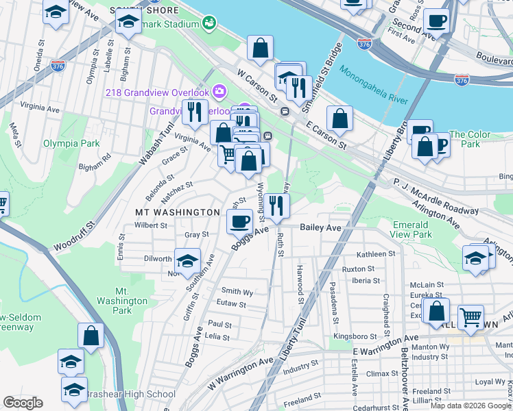 map of restaurants, bars, coffee shops, grocery stores, and more near 17 Greenbush Street in Pittsburgh