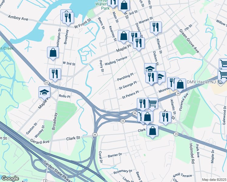 map of restaurants, bars, coffee shops, grocery stores, and more near 268 Beers Street in Keyport