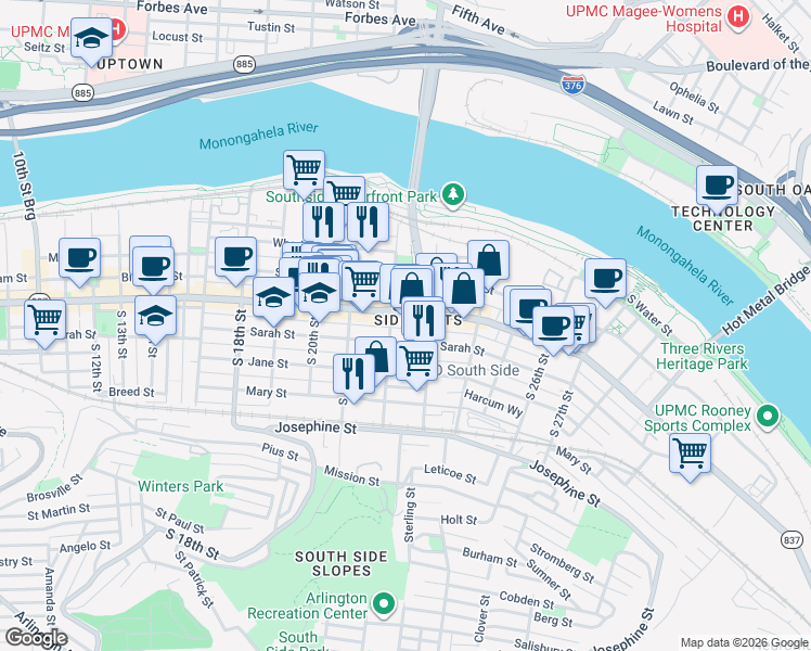 map of restaurants, bars, coffee shops, grocery stores, and more near in Pittsburgh