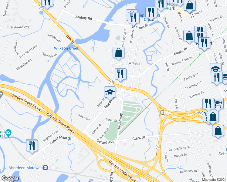 map of restaurants, bars, coffee shops, grocery stores, and more near 15 May Street in Keyport
