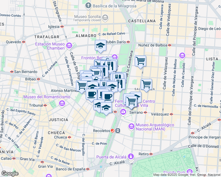 map of restaurants, bars, coffee shops, grocery stores, and more near 20 Calle de Fernando el Santo in Madrid