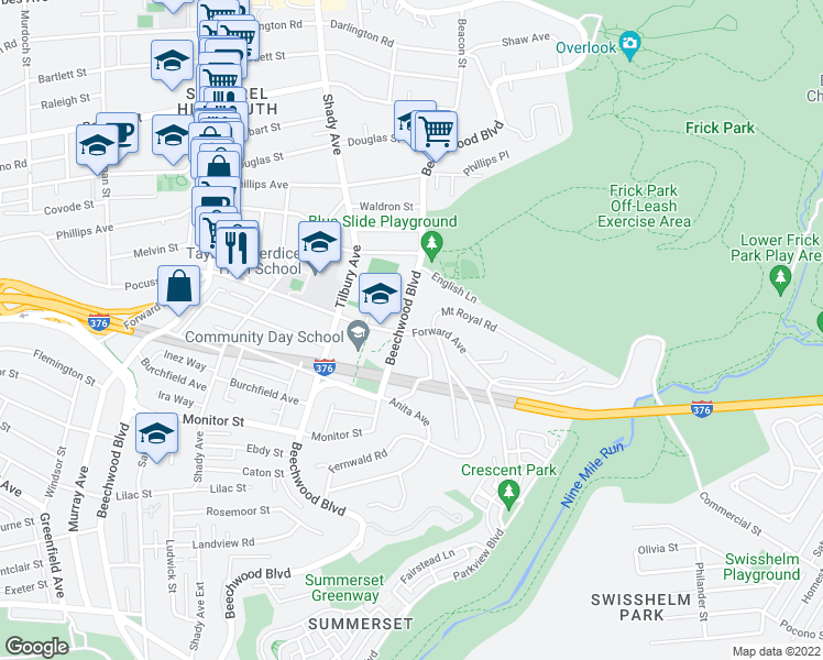 map of restaurants, bars, coffee shops, grocery stores, and more near 2581 Beechwood Boulevard in Pittsburgh