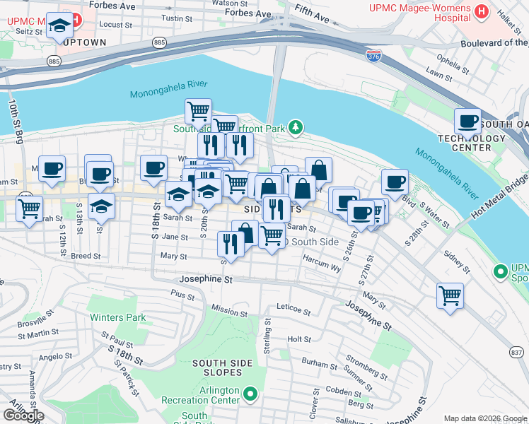 map of restaurants, bars, coffee shops, grocery stores, and more near in Pittsburgh