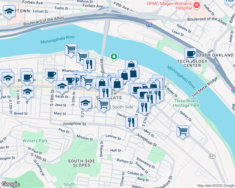 map of restaurants, bars, coffee shops, grocery stores, and more near 2325 East Carson Street in Pittsburgh