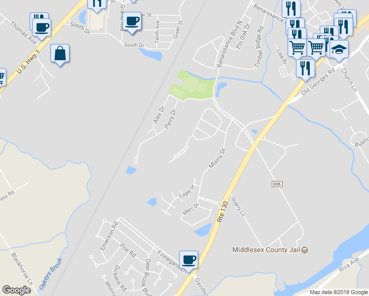 map of restaurants, bars, coffee shops, grocery stores, and more near 143 Briarwood Drive in North Brunswick Township