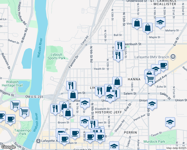map of restaurants, bars, coffee shops, grocery stores, and more near 1108 North 10th Street in Lafayette