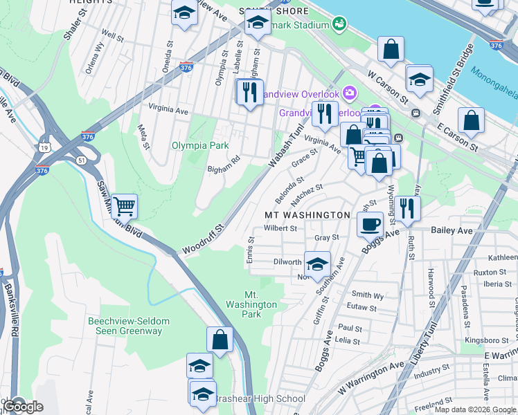 map of restaurants, bars, coffee shops, grocery stores, and more near 501 Grace Street in Pittsburgh