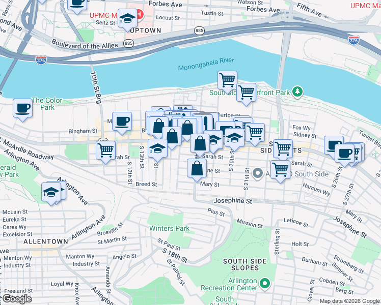 map of restaurants, bars, coffee shops, grocery stores, and more near 1715 Sarah Street in Pittsburgh