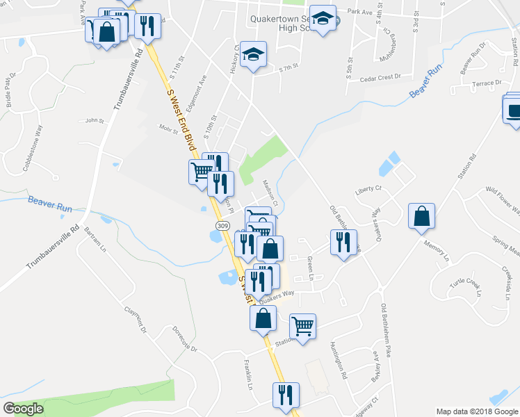 map of restaurants, bars, coffee shops, grocery stores, and more near 217 Jefferson Court in Quakertown