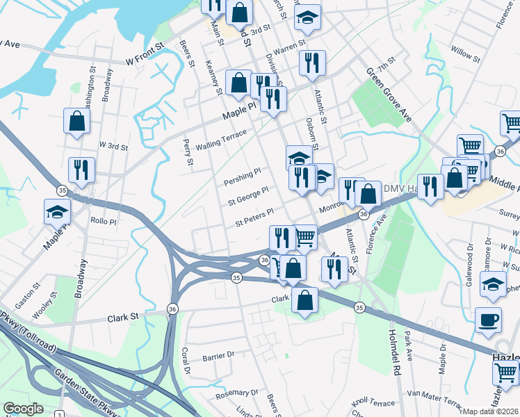 map of restaurants, bars, coffee shops, grocery stores, and more near 37 Saint Peters Place in Hazlet