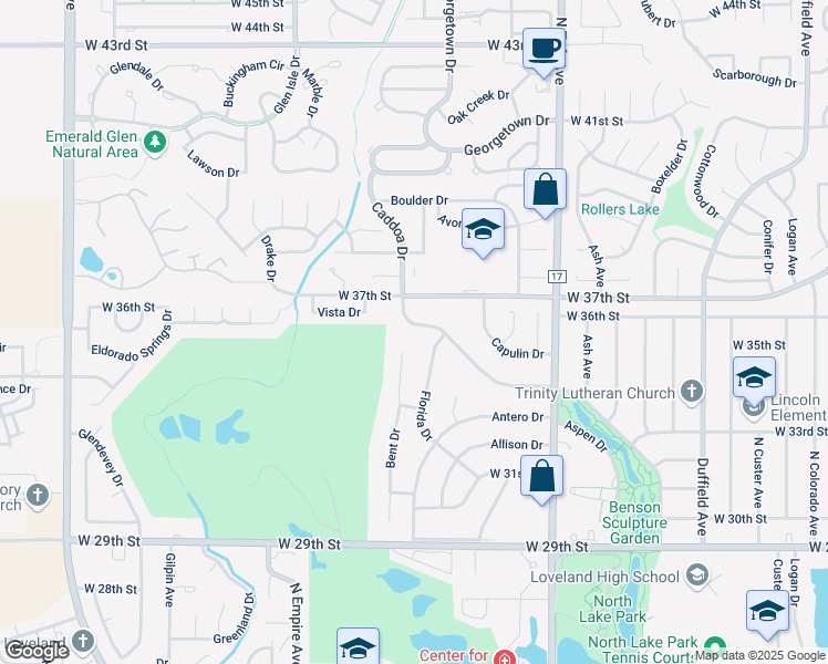 map of restaurants, bars, coffee shops, grocery stores, and more near 1862 Caddoa Drive in Loveland