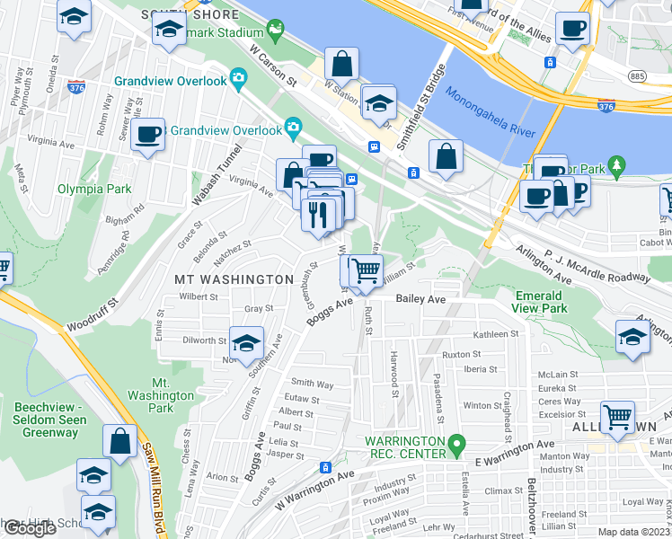 map of restaurants, bars, coffee shops, grocery stores, and more near 78 Wyoming Street in Pittsburgh