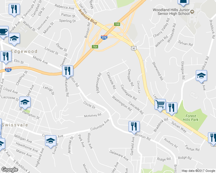 map of restaurants, bars, coffee shops, grocery stores, and more near 121 Washington Road in Pittsburgh