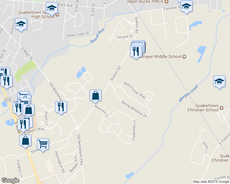 map of restaurants, bars, coffee shops, grocery stores, and more near 1008 Spring Meadow Drive in Quakertown