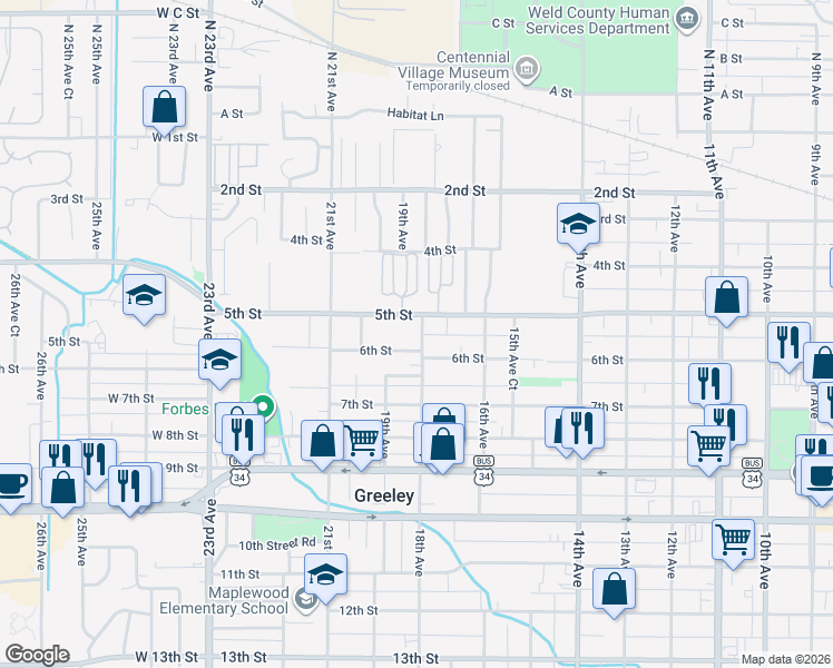 map of restaurants, bars, coffee shops, grocery stores, and more near 505 18th Avenue in Greeley