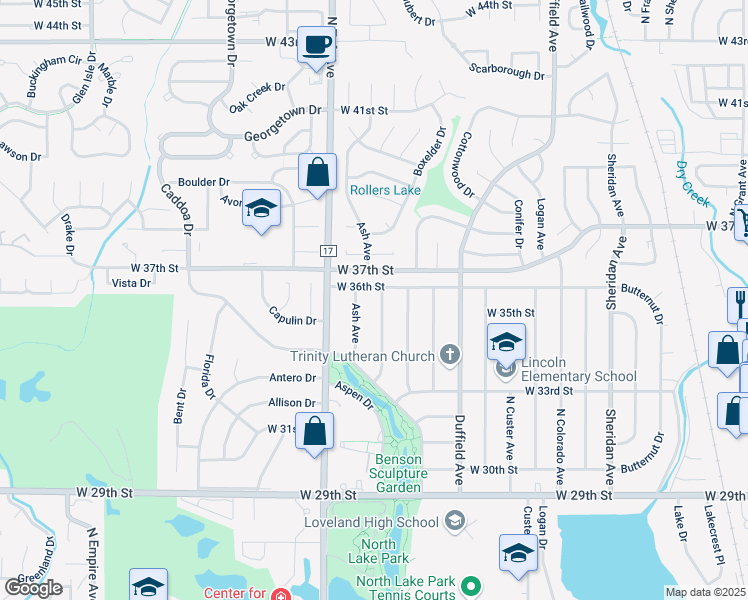 map of restaurants, bars, coffee shops, grocery stores, and more near 3503 Apple Ave in Loveland